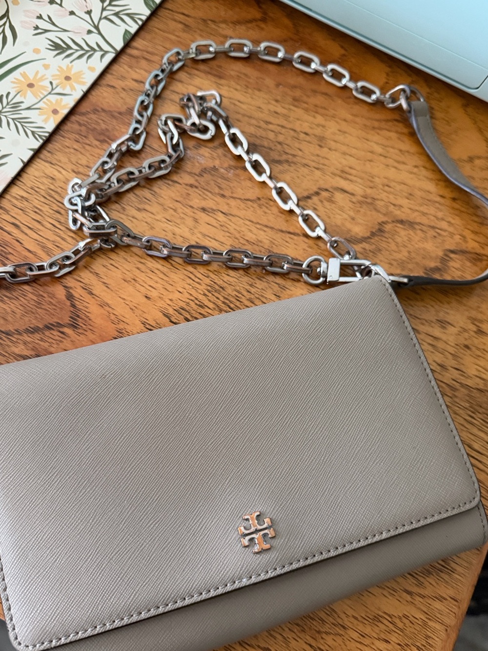 Tory Burch Small Crossbody Bag in Taupe with Silver Chain